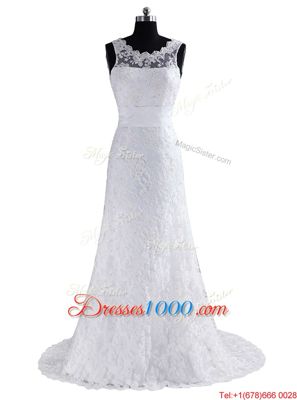 Scoop With Train Backless Bridal Gown White and In for Wedding Party with Lace and Appliques and Bowknot Brush Train