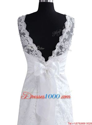 Scoop With Train Backless Bridal Gown White and In for Wedding Party with Lace and Appliques and Bowknot Brush Train
