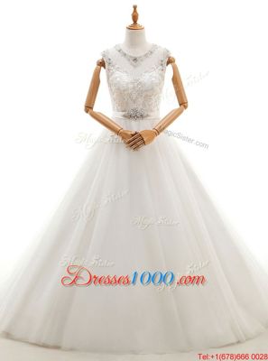 Scoop White Sleeveless With Train Beading and Lace Clasp Handle Bridal Gown