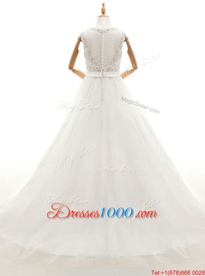 Scoop White Sleeveless With Train Beading and Lace Clasp Handle Bridal Gown