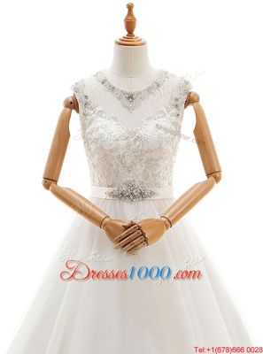 Scoop White Sleeveless With Train Beading and Lace Clasp Handle Bridal Gown