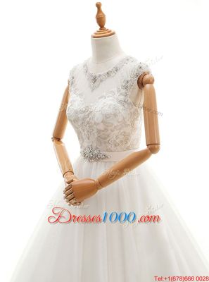 Scoop White Sleeveless With Train Beading and Lace Clasp Handle Bridal Gown