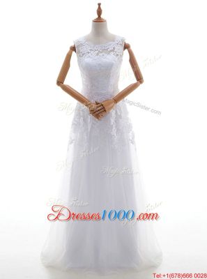 Fabulous White Column/Sheath Scoop Sleeveless Tulle With Brush Train Lace Up Lace and Appliques Wedding Dresses