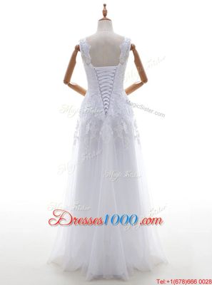 Fabulous White Column/Sheath Scoop Sleeveless Tulle With Brush Train Lace Up Lace and Appliques Wedding Dresses