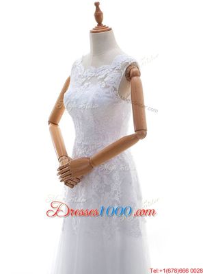 Fabulous White Column/Sheath Scoop Sleeveless Tulle With Brush Train Lace Up Lace and Appliques Wedding Dresses