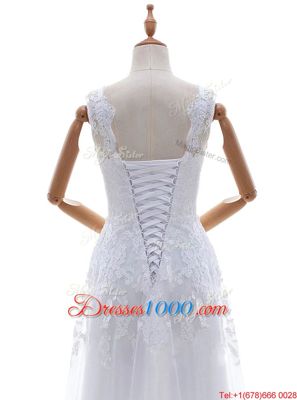 Fabulous White Column/Sheath Scoop Sleeveless Tulle With Brush Train Lace Up Lace and Appliques Wedding Dresses