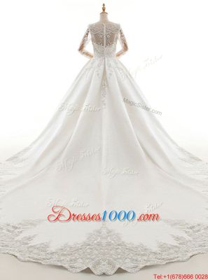 Scoop Long Sleeves Wedding Gown With Train Cathedral Train Appliques White Satin