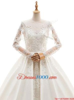 Scoop Long Sleeves Wedding Gown With Train Cathedral Train Appliques White Satin