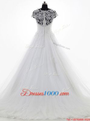 Great Scoop White Clasp Handle Wedding Dress Lace and Appliques Short Sleeves With Brush Train