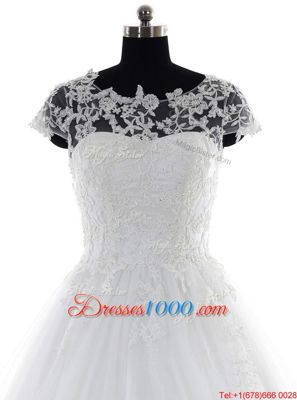 Great Scoop White Clasp Handle Wedding Dress Lace and Appliques Short Sleeves With Brush Train