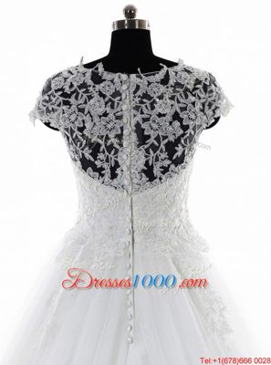 Great Scoop White Clasp Handle Wedding Dress Lace and Appliques Short Sleeves With Brush Train