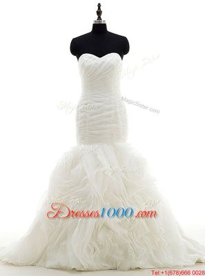 Unique Mermaid White Sweetheart Lace Up Ruffles and Ruching Bridal Gown Brush Train Sleeveless