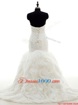 Unique Mermaid White Sweetheart Lace Up Ruffles and Ruching Bridal Gown Brush Train Sleeveless