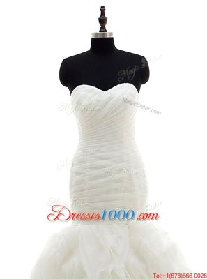 Unique Mermaid White Sweetheart Lace Up Ruffles and Ruching Bridal Gown Brush Train Sleeveless