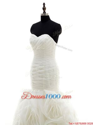 Unique Mermaid White Sweetheart Lace Up Ruffles and Ruching Bridal Gown Brush Train Sleeveless