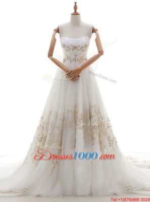 Glittering Sleeveless Tulle With Train Chapel Train Lace Up Wedding Gowns in White for with Appliques and Bowknot