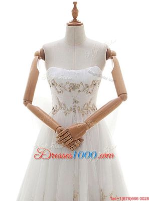 Glittering Sleeveless Tulle With Train Chapel Train Lace Up Wedding Gowns in White for with Appliques and Bowknot