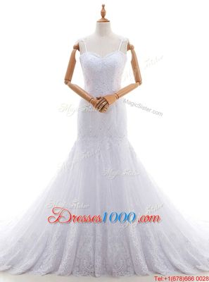 Inexpensive Mermaid Lace Sleeveless With Train Bridal Gown Brush Train and Lace