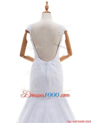 Inexpensive Mermaid Lace Sleeveless With Train Bridal Gown Brush Train and Lace