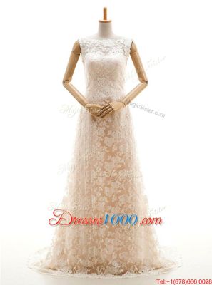 Champagne Sleeveless Lace Sweep Train Clasp Handle Wedding Dress for Wedding Party