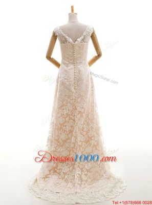 Champagne Sleeveless Lace Sweep Train Clasp Handle Wedding Dress for Wedding Party