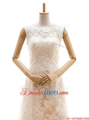 Champagne Sleeveless Lace Sweep Train Clasp Handle Wedding Dress for Wedding Party