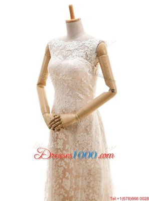 Champagne Sleeveless Lace Sweep Train Clasp Handle Wedding Dress for Wedding Party
