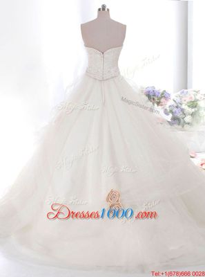 Inexpensive White Zipper Strapless Hand Made Flower Wedding Gown Tulle Sleeveless Brush Train