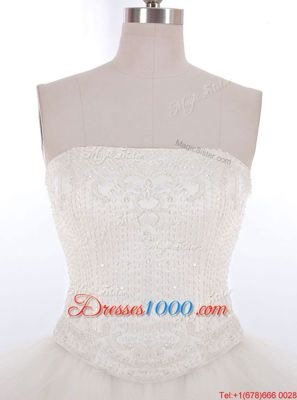 Inexpensive White Zipper Strapless Hand Made Flower Wedding Gown Tulle Sleeveless Brush Train