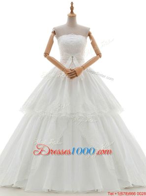 Unique Ruffled A-line Wedding Dresses White Strapless Organza and Tulle Sleeveless Floor Length Lace Up