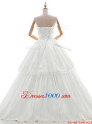 Unique Ruffled A-line Wedding Dresses White Strapless Organza and Tulle Sleeveless Floor Length Lace Up