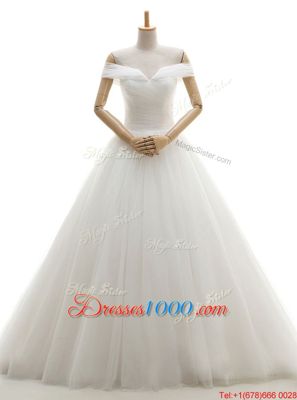 High Quality White Wedding Dress Wedding Party and For with Ruching Off The Shoulder Sleeveless Court Train Lace Up
