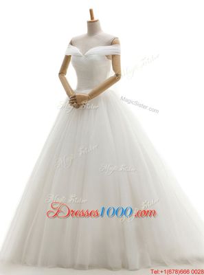 High Quality White Wedding Dress Wedding Party and For with Ruching Off The Shoulder Sleeveless Court Train Lace Up