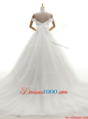 High Quality White Wedding Dress Wedding Party and For with Ruching Off The Shoulder Sleeveless Court Train Lace Up