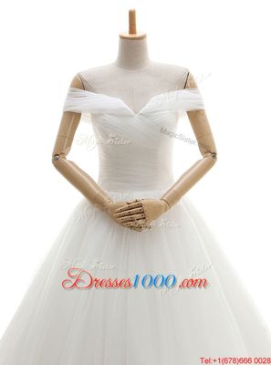 High Quality White Wedding Dress Wedding Party and For with Ruching Off The Shoulder Sleeveless Court Train Lace Up