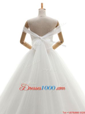 High Quality White Wedding Dress Wedding Party and For with Ruching Off The Shoulder Sleeveless Court Train Lace Up