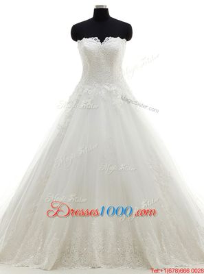 Lace White Sleeveless Tulle Brush Train Clasp Handle Wedding Gowns for Wedding Party