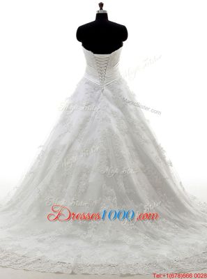 Lovely Scoop White Sleeveless Tulle Brush Train Zipper Wedding Dresses for Wedding Party
