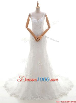 Custom Made Lace V-neck Sleeveless Brush Train Criss Cross Beading and Lace and Appliques Wedding Gowns in White