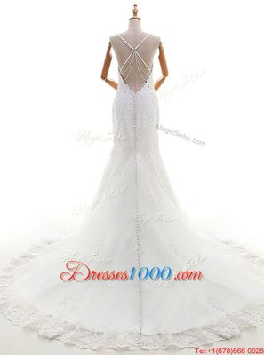Custom Made Lace V-neck Sleeveless Brush Train Criss Cross Beading and Lace and Appliques Wedding Gowns in White