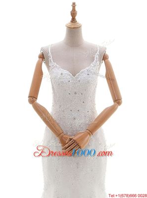 Custom Made Lace V-neck Sleeveless Brush Train Criss Cross Beading and Lace and Appliques Wedding Gowns in White