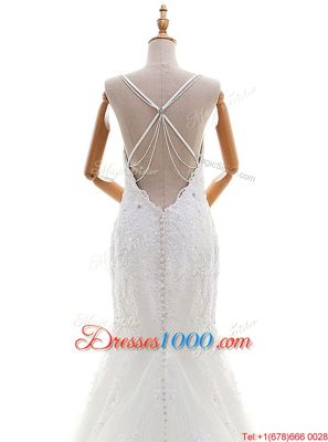Custom Made Lace V-neck Sleeveless Brush Train Criss Cross Beading and Lace and Appliques Wedding Gowns in White