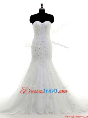 Classical Mermaid White Sweetheart Neckline Beading and Lace Wedding Dress Sleeveless Zipper