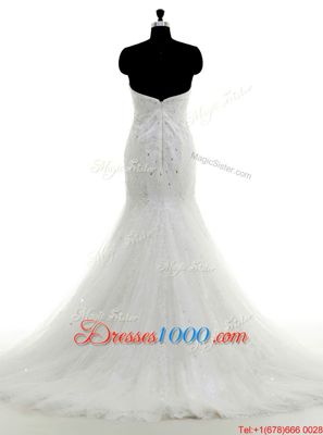 Classical Mermaid White Sweetheart Neckline Beading and Lace Wedding Dress Sleeveless Zipper