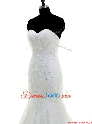 Classical Mermaid White Sweetheart Neckline Beading and Lace Wedding Dress Sleeveless Zipper
