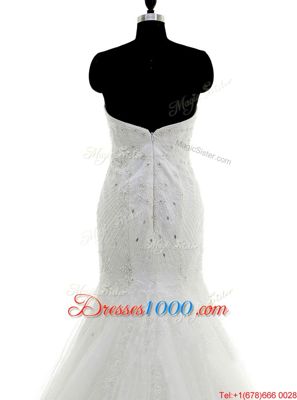 Classical Mermaid White Sweetheart Neckline Beading and Lace Wedding Dress Sleeveless Zipper