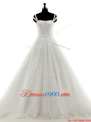Luxury White Sleeveless Brush Train Lace and Appliques With Train Wedding Dress