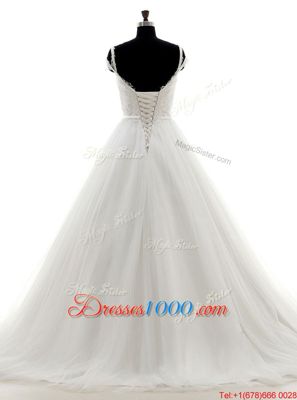 Luxury White Sleeveless Brush Train Lace and Appliques With Train Wedding Dress