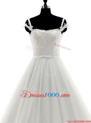 Luxury White Sleeveless Brush Train Lace and Appliques With Train Wedding Dress