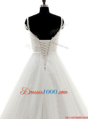 Luxury White Sleeveless Brush Train Lace and Appliques With Train Wedding Dress